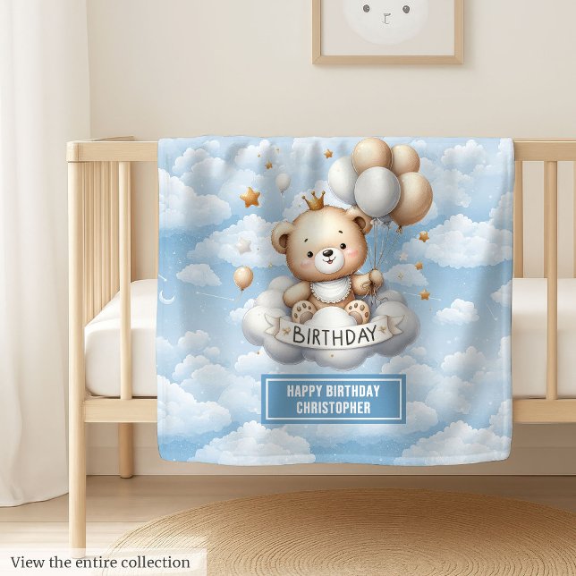 Anpassat namn, första födelsedagsfilt med nalle fleecefilt (Custom name first birthday blanket with teddy bear)