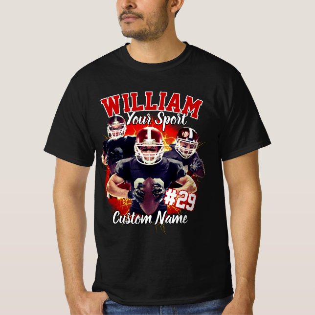 Anpassat Namn Fotboll Tre Foto Svart och Röd T Shirt (Framsida)