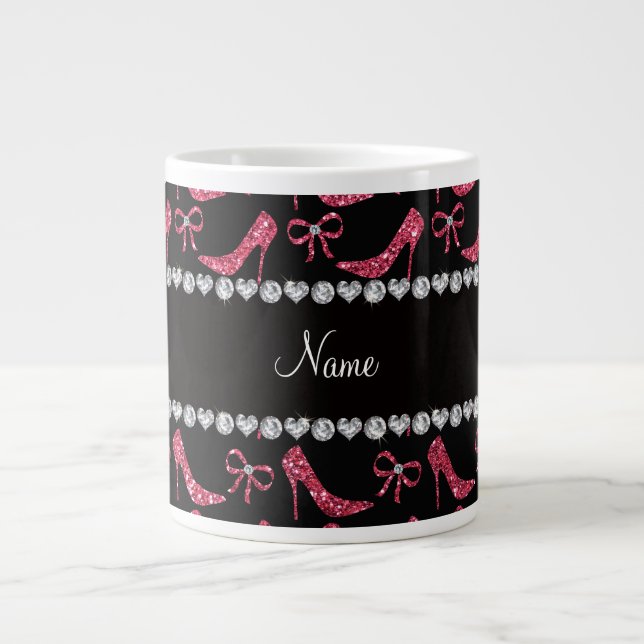 Anpassat namn fuchsia rosa glitter högklackar båge jumbo mugg (Framsidan)