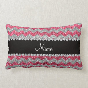 Anpassat namn fuchsia rosa silver glitter chevron lumbarkudde