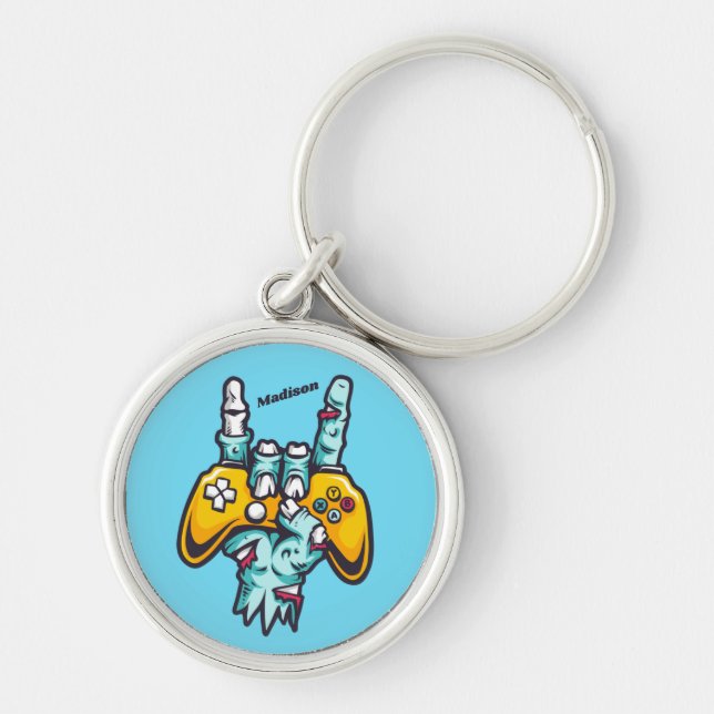Anpassat namn Gamer Zombie Rund Silverfärgad Nyckelring (Framsidan)