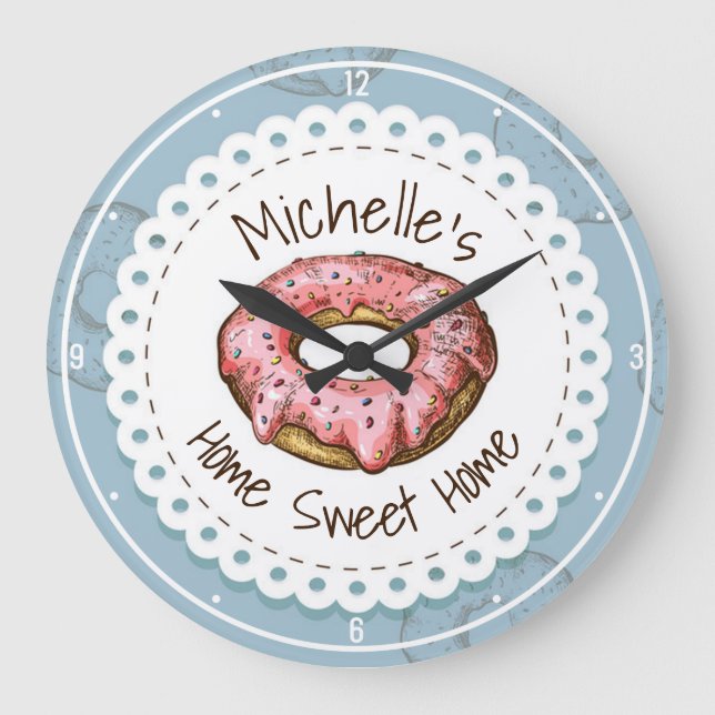 Anpassat NAMN Gammalt Fashioned Donut Sweet Home Stor Klocka (Framsida)