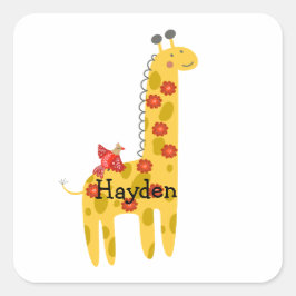 Anpassat Namn Giraff & Fågel Blommor Gul Röda Fyrkantigt Klistermärke