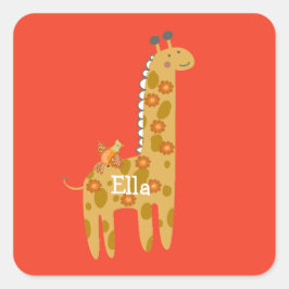 Anpassat namn Giraffe Bird & Flowers Guld Orange Fyrkantigt Klistermärke
