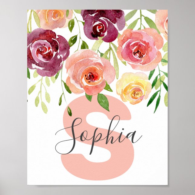 Anpassat namn Girl Baby Blommigt Ro Girls Nursery Poster (Framsidan)