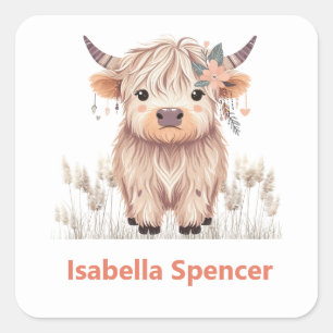 Anpassat namn Girl Cute Modern Highland Cow Fyrkantigt Klistermärke