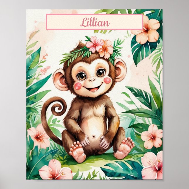 Anpassat namn Girl Nursery Baby Monkey Poster (Framsidan)