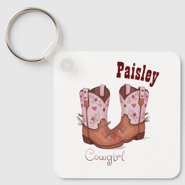 Anpassat namn Girly Cute CowGirl Boots Rosa Brown Nyckelring (Framsida)