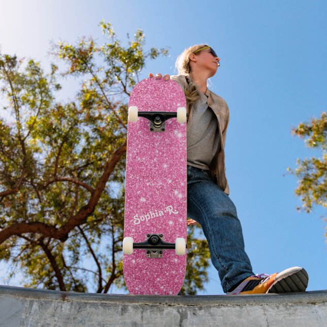 Anpassat namn Girly Faux Rosa Glitter Mini Skateboard Bräda 18,5 Cm (Utomhus 1)