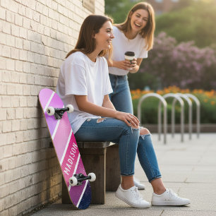 Anpassat Namn Girly Rosa Purpur Ränder Mini Skateboard Bräda 18,5 Cm