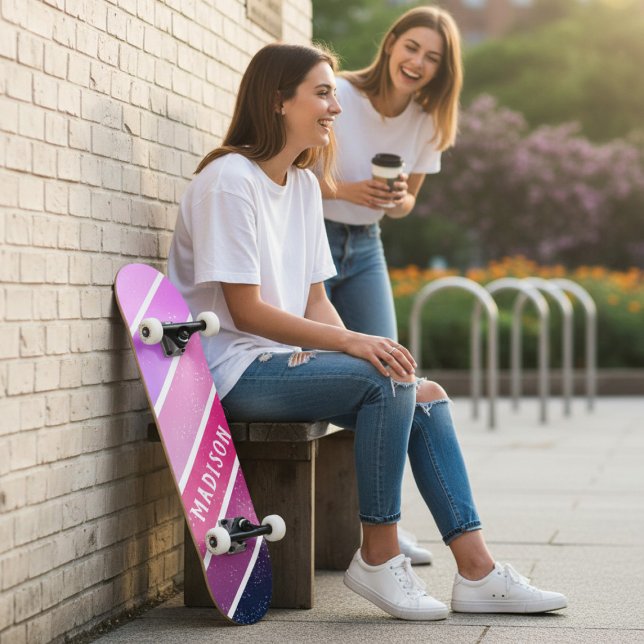 Anpassat Namn Girly Rosa Purpur Ränder Mini Skateboard Bräda 18,5 Cm (Skapare uppladdad)