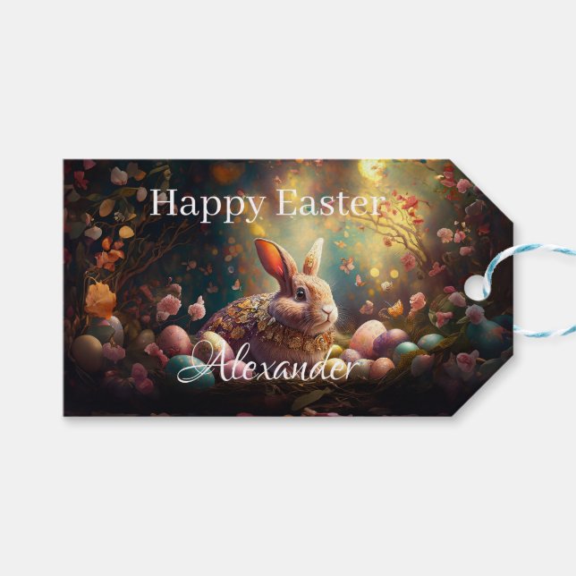 Anpassat namn Glad påsk Bunny med Påskägg Presentetikett (Framsidan (Horisontell))