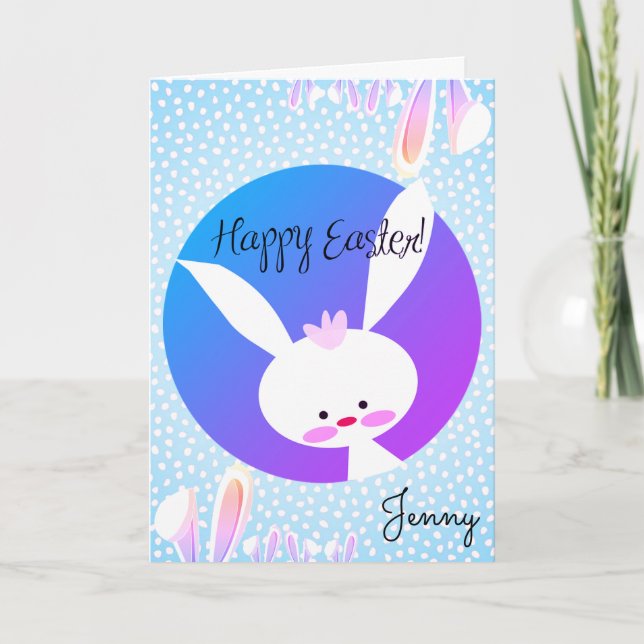 Anpassat namn GLAD PÅSK Cute Bunny Blue Aesthetic Kort (Framsida)