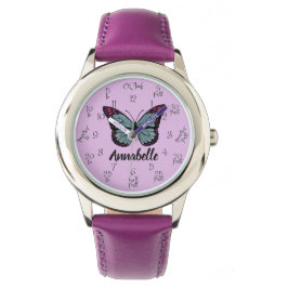 Anpassat namn Glitter Butterfly Lila Kids Learning Armbandsur