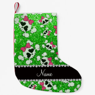 Anpassat namn glitter lime green döskallars rosa b liten julstrumpa