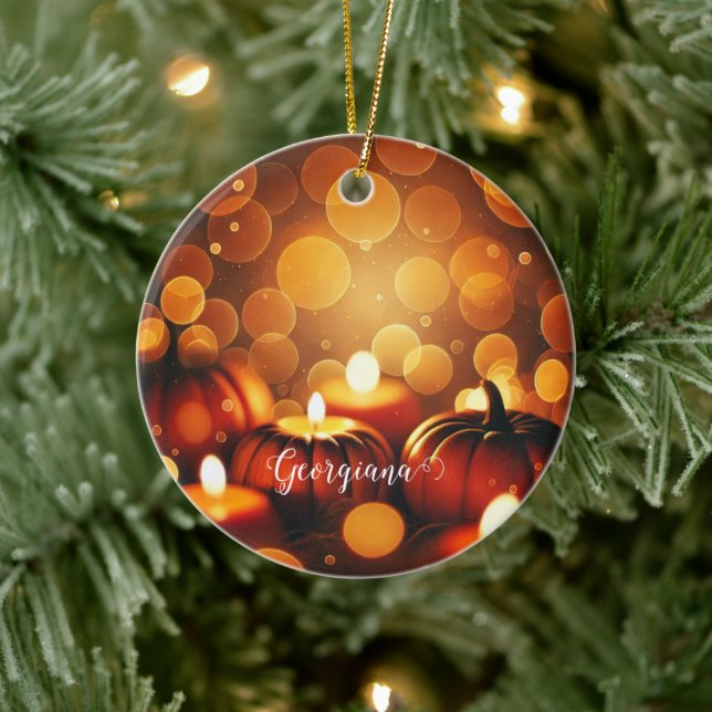 Anpassat namn Glowing Pumpkins Autumnal Bokeh Effe Julgransprydnad Keramik (Träd)