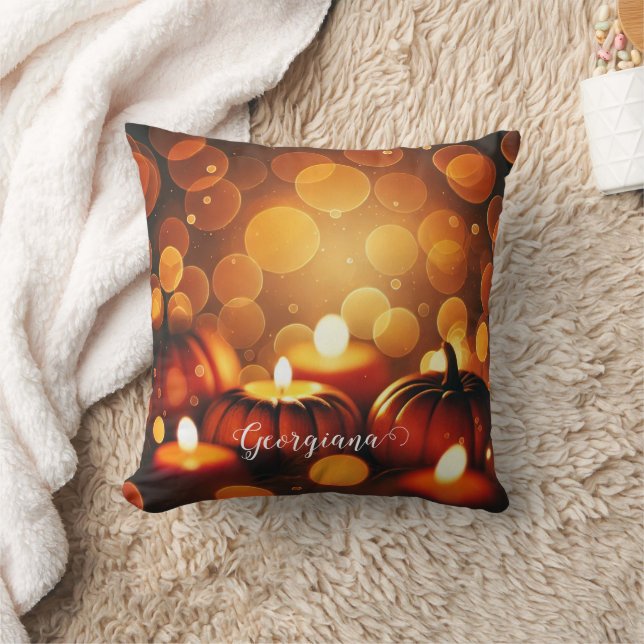 Anpassat namn Glowing Pumpkins Autumnal Bokeh Effe Kudde (Filt)