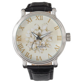 Anpassat namn Golden-brun bakgrundsbild Blommigt Armbandsur