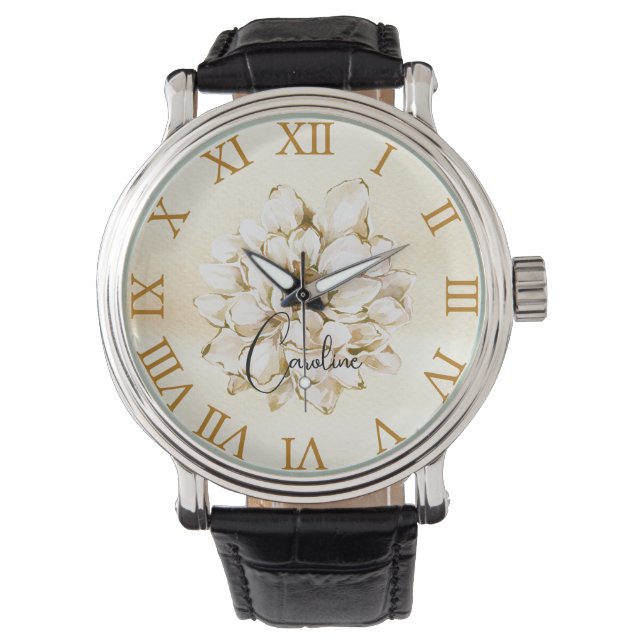 Anpassat namn Golden-brun bakgrundsbild Blommigt Armbandsur (Framsida)