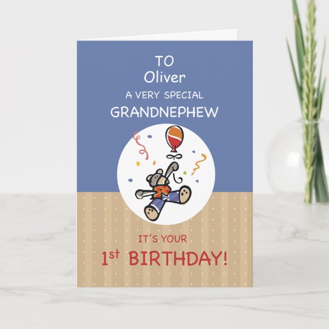 Anpassat namn Grandnephew 1st Nalle Balloon Kort (Framsida)
