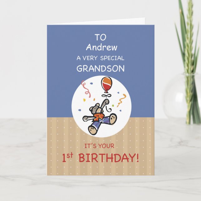 Anpassat namn Grandson 1st Nalle Balloon Kort (Framsida)