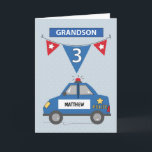 Anpassat namn Grandson 3rd Birthday Blue Police Ca Kort<br><div class="desc">Gången han får se det här kortet, han kommer definitivt att bli glad, och gång han öppnar det, han kommer definitivt att bli vaken av roligten hälsning som det här kortet ger honom. Innan vi glömmer kan du personifiera dina barnsöner namn på framsidan. Skicka honom 3:e födelsedag hälsning med det...</div>