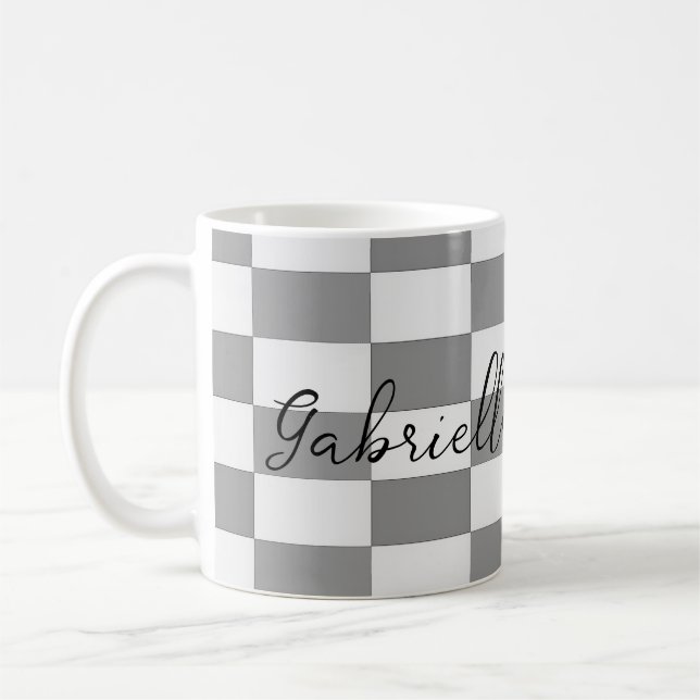Anpassat namn grått-kontrollblock mönster kaffemugg (Vänster)