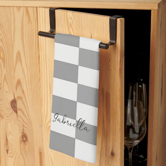 Anpassat namn grått-kontrollblock mönster kökshandduk (Thirds Fold)