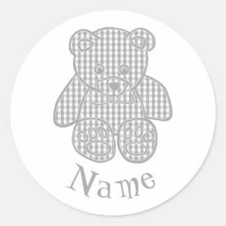 Anpassat namn Grått Pastel Gingham-Nalle Runt Klistermärke