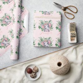 Anpassat Namn Grönskande Elefant Babyflicka Rosa Presentpapper