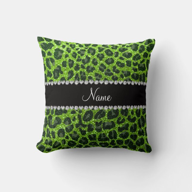 Anpassat namn grönt glitter leopard kudde (Framsida)