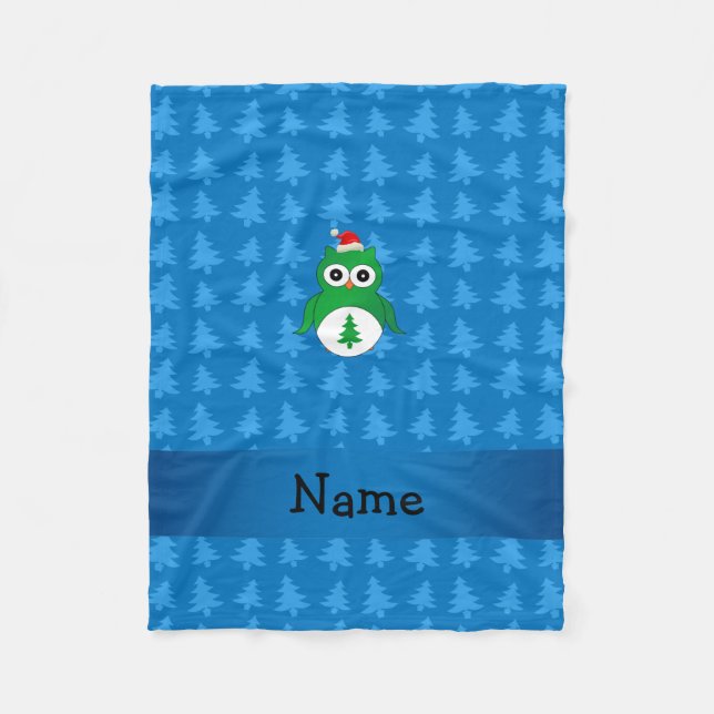 Anpassat namn grönt Santa uggla blue julgranar Fleecefilt (Framsidan)
