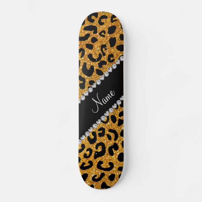 Anpassat namn gul glitter gepardtryck skateboard bräda 20 cm (Framsida)