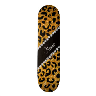 Anpassat namn gul glitter gepardtryck skateboard bräda 20 cm