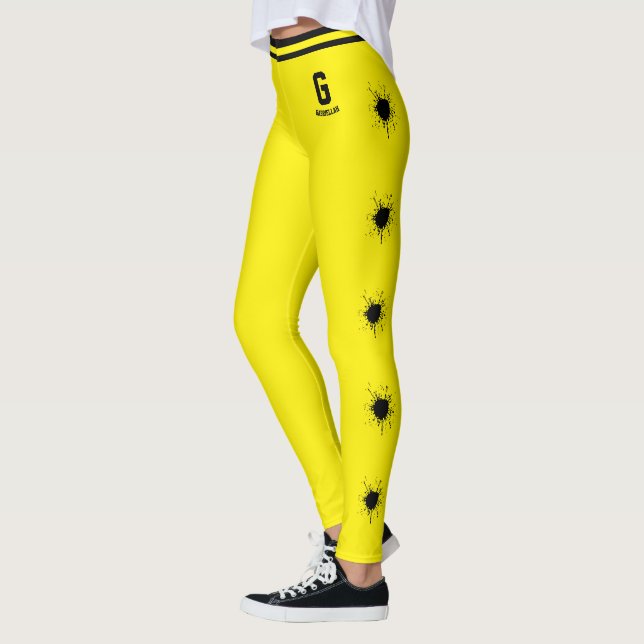 Anpassat Namn Gul Svart Mönster Splash Burst Leggings (Vänster)