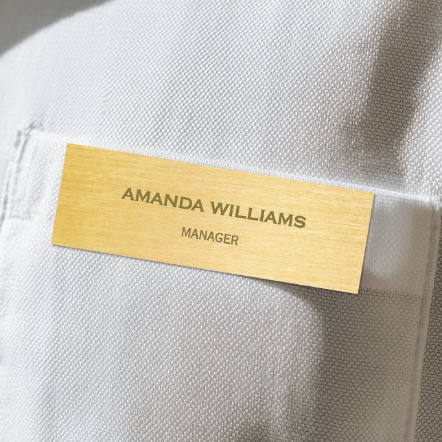 Anpassat Namn Guld Borstat Metall Anställd Namnbricka (A polished name tag with a simulated brushed gold background,)