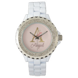 Anpassat Namn Guld Folie Rosa Rosor Bokstav A Armbandsur