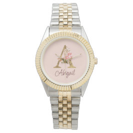 Anpassat Namn Guld Folie Rosé Rosa Rosor Bokstav A Armbandsur