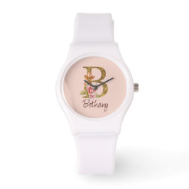 Anpassat Namn Guld Folie Rosé Rosa Rosor Bokstav B Armbandsur