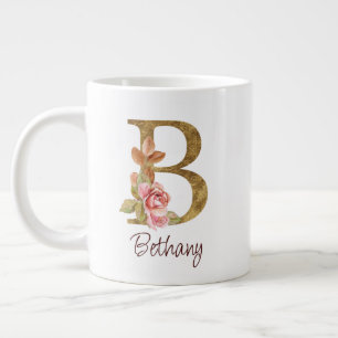Anpassat Namn Guld Folie Rosé Rosa Rosor Bokstav B Jumbo Mugg