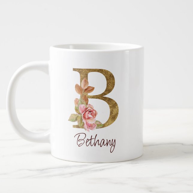 Anpassat Namn Guld Folie Rosé Rosa Rosor Bokstav B Jumbo Mugg (Vänster)