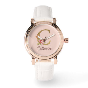 Anpassat Namn Guld Folie Rosé Rosa Rosor Bokstav C Armbandsur