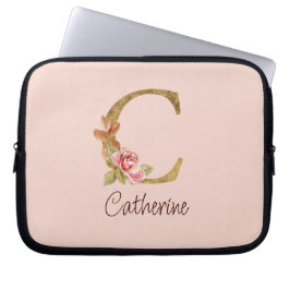 Anpassat Namn Guld Folie Rosé Rosa Rosor Bokstav C Laptop Fodral