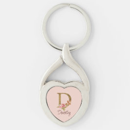 Anpassat Namn Guld Folie Rosé Rosa Rosor Bokstav D Twisted Heart Silverfärgad Nyckelring