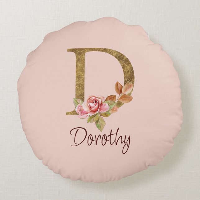 Anpassat Namn Guld Folie Rosenskära Rosor Bokstav  Rund Kudde (Baksidan)