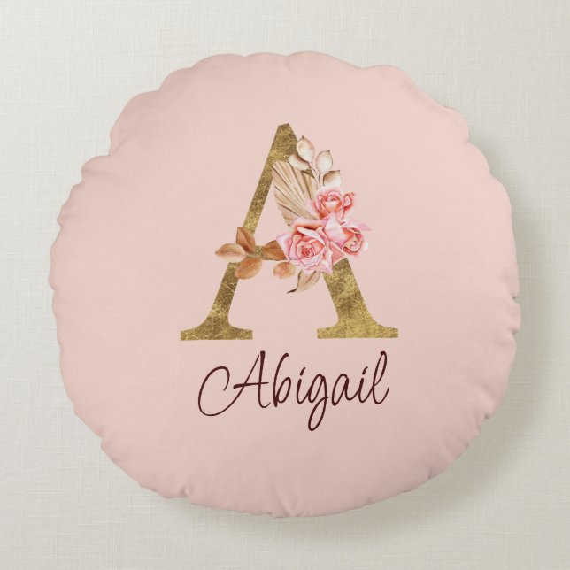 Anpassat Namn Guld Folie Rosenskära Rosor Bokstav  Rund Kudde (Framsidan)