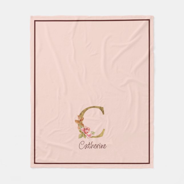 Anpassat namn Guld Folie Rosor Rosa Bokstav C Fleecefilt (Framsidan)