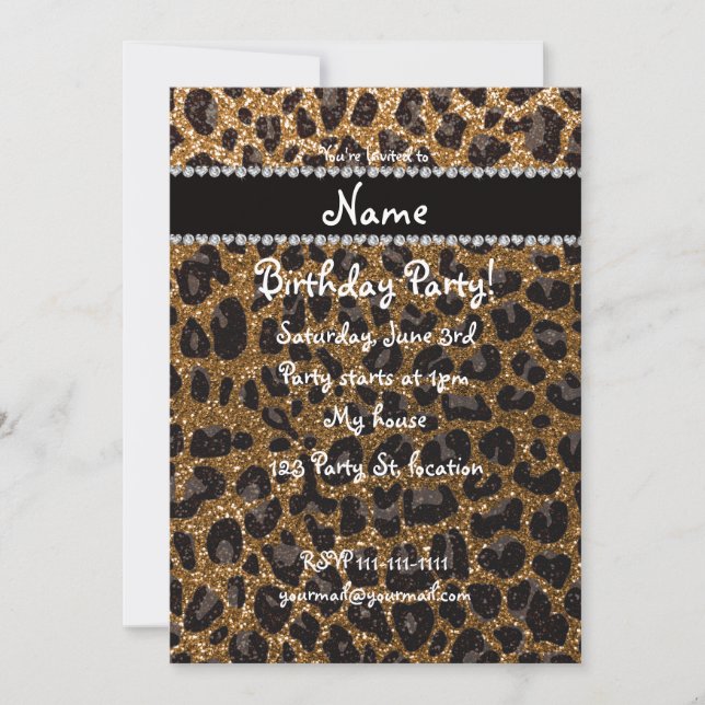 Anpassat namn guld glitter leopard inbjudningar (Framsida)