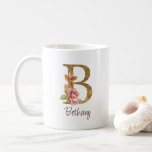 Anpassat namn Gulfenolja  Rosa ros Brev B Kaffemugg<br><div class="desc">Det anpassade namnet Guld Foil  Rosa ros Brev B-designen visar en delikat blommigt monogram med gyllene shimmer - perfekt för anpassning av eleganten,  romantiska vibes och tankfulla skapelser baserade på namn. Klicka på "Anpassa" om du vill lägga till ditt namn eller någon speciell.</div>