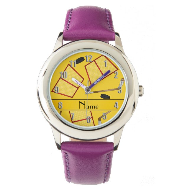 Anpassat namn gult hockey sticks pucknät armbandsur (Framsida)